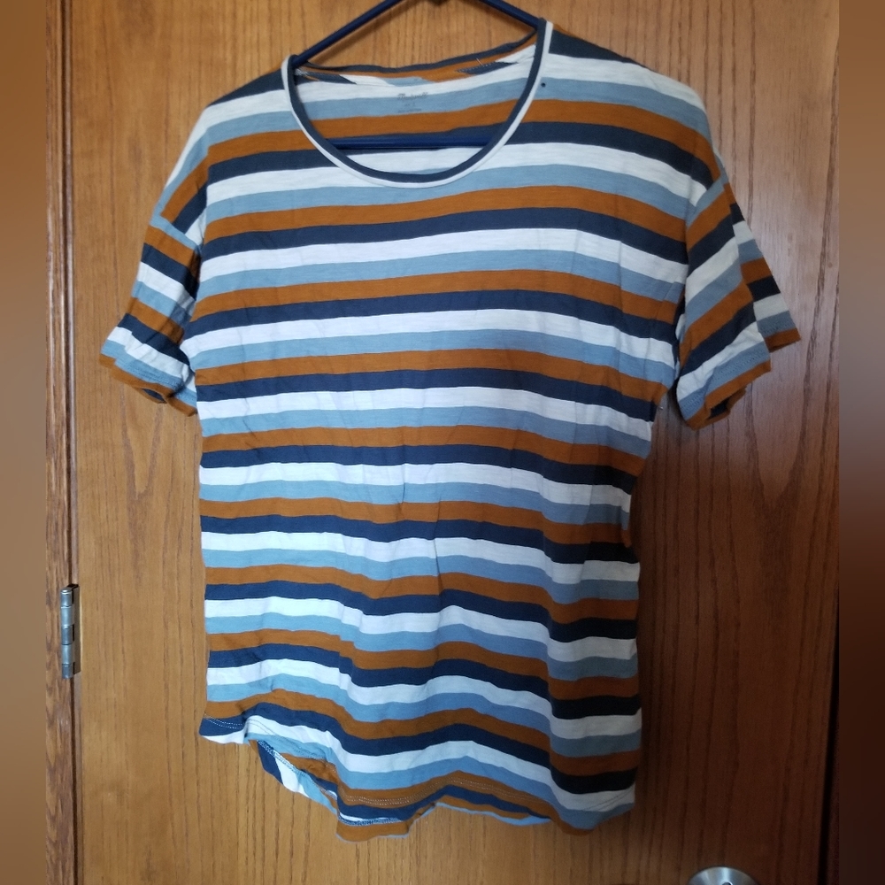 Blue, white, and orange striped shirt
